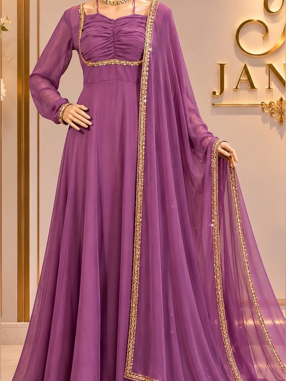 Elegant Purple Women's Anarkali Dress with Gold Trim